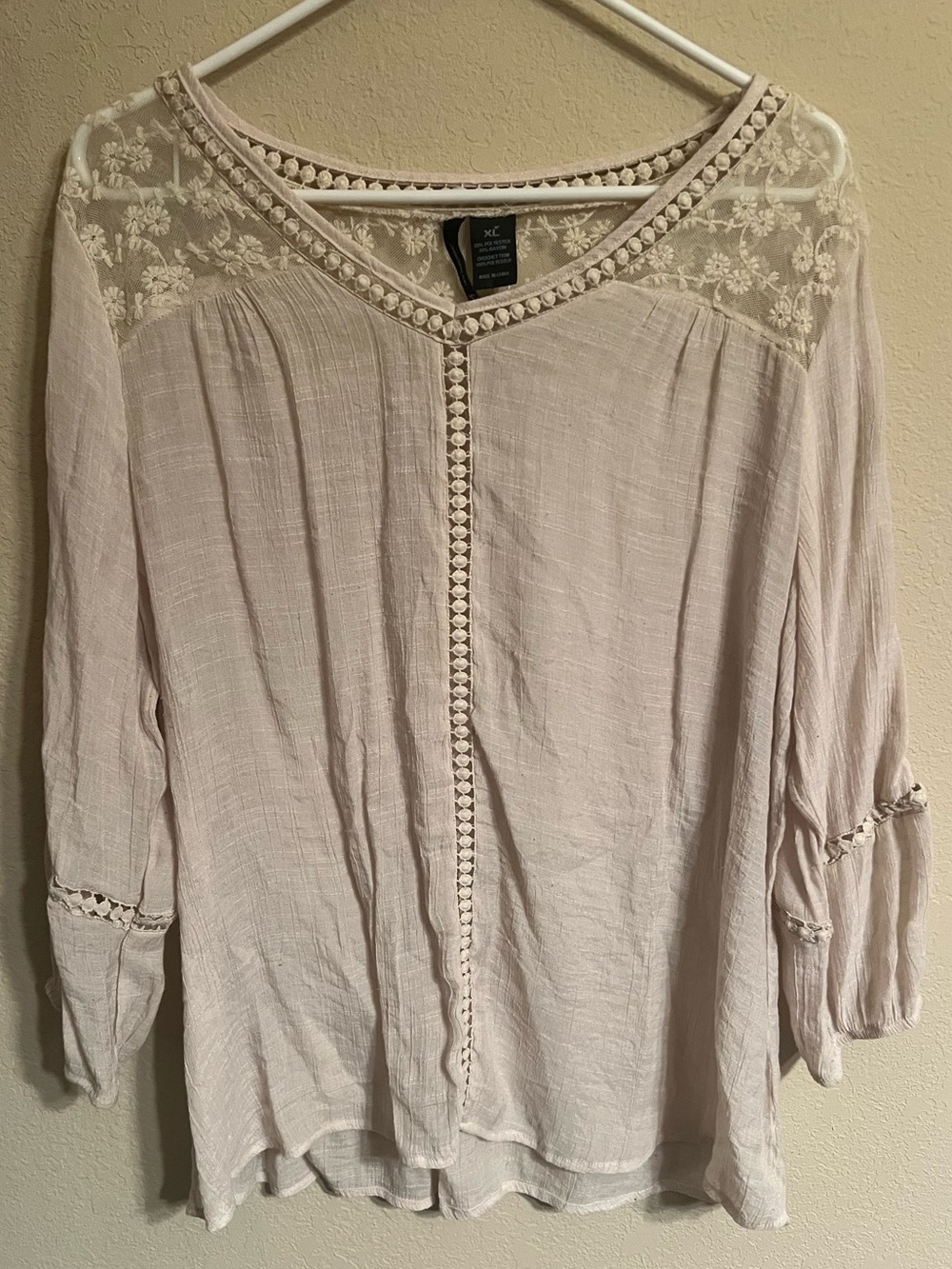 new directions Cream Crochet-Trim Lace Yoke Tunic
